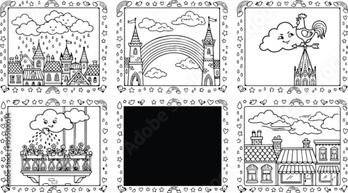 Colorbook style vector art set showing smiling clouds rainbows castles weather vane rooster townsquare and flower balcony in charming line drawing style