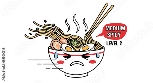 Cartoon illustration of a distressed ramen bowl sweating from medium spicy noodles with chopsticks.