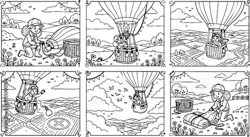 Colorbook style close up front view girl preparing hot air balloon basket tying ropes in countryside field with flowers and hills in calm daylight vector art