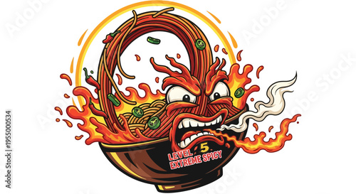 Cartoon illustration of an angry, fiery bowl of extreme spicy ramen noodles with flames and steam, depicting a food challenge.