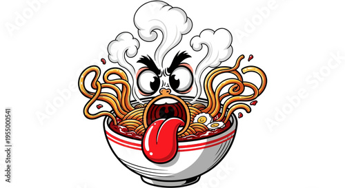 Cartoon illustration of an angry, steaming bowl of ramen noodles with a face, wide open mouth, and a long red tongue.
