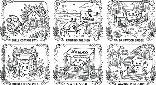 Colorbook style crab painting tide marker sign waving from stairs near driftwood bridge and sea glass stall shell cottage path bucket house peek illustration