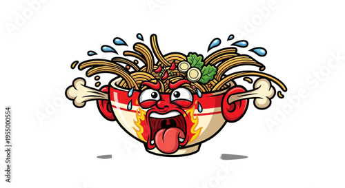 Cartoon illustration of a bowl of spicy noodles with an angry, sweating, and steaming face, depicting extreme heat and flavor.