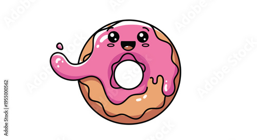 Adorable cartoon donut with pink icing and a playful splash, featuring a cute kawaii face on a white background.