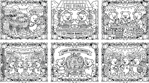 Colorbook style autumn harvest pig festival scenes with smiling pigs selling fresh baked pies gourds apples and celebrating giant pumpkin contest detailed line art vector