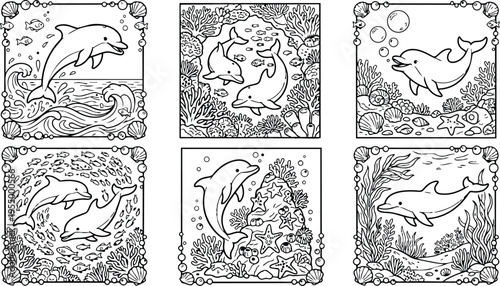 Colorbook style vector art with detailed dolphin scenes swimming playing underwater with coral reef seaweed shells starfish and bubbles in nature illustrations