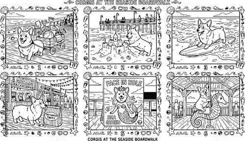 Colorbook style detailed seaside boardwalk scenes with corgis building sandcastles surfing and riding carousel seahorse in playful black and white line art