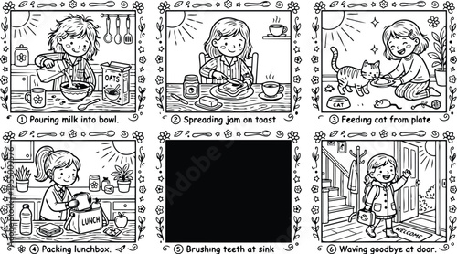 Colorbook style six panel children daily morning routine activities pouring milk spreading jam feeding cat packing lunch brushing teeth waving goodbye