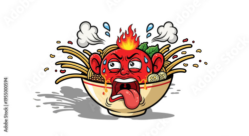 Cartoon illustration of a red, sweating, fiery face with tongue out, emerging from a steaming bowl of spicy noodles.