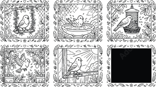 Colorbook style detailed bird illustrations various garden scenes perched bird bath feeder bridge decorative floral borders line art vector design