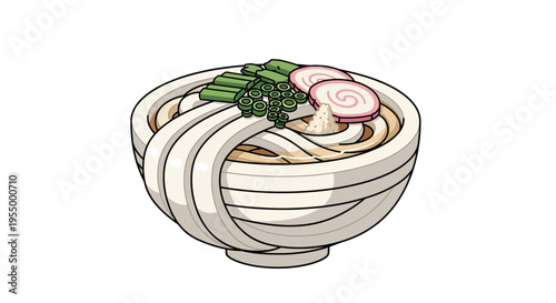 An illustration of a delicious bowl of Japanese udon noodles with green onions and narutomaki fish cake in a light-colored bowl.