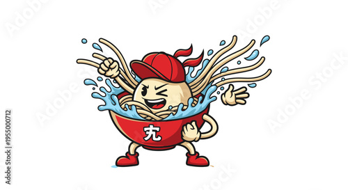 Dynamic cartoon ramen bowl character with noodles splashing, wearing a red cap and bandana, making a rock-and-roll hand gesture.