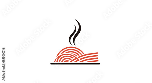 A stylized graphic of a steaming plate of red and white spaghetti or noodles, representing hot food.