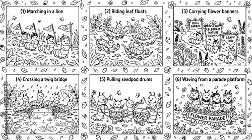 Colorbook style vector art of caterpillars marching crossing bridge riding leaf floats carrying flower banners pulling seedpod drums waving from parade platform detailed childrens line drawing