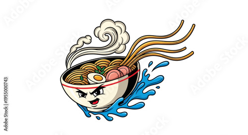 Dynamic cartoon illustration of an angry ramen bowl with splashing water and steam, featuring noodles, egg, and meat.