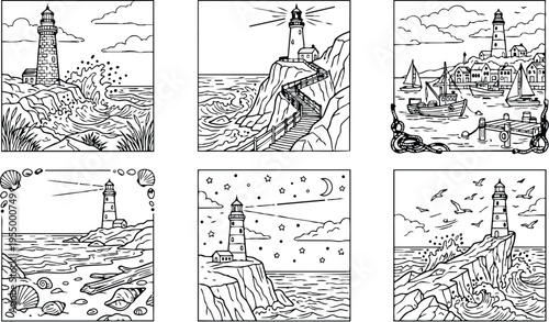 Colorbook style detailed lighthouse scenes with ocean waves rocks stairs boats nighttime sky seagulls shells coastline black line art illustrations set