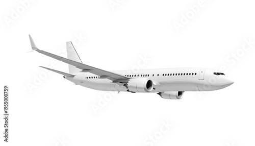 Boeing 737 Max white airplane passenger jet side view angled perspective flight commercial airline transport isolated on a transparent background for travel agency promotions and airline advertising