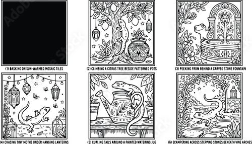 Colorbook style detailed line art lizard exploring sun warmed mosaic tiles climbing citrus tree beside patterned pots peeking from carved stone fountain curling tails around painted watering jug