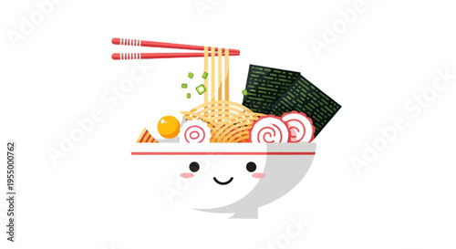 A cute cartoon bowl of ramen noodles with chopsticks, egg, narutomaki, and nori on a white background.