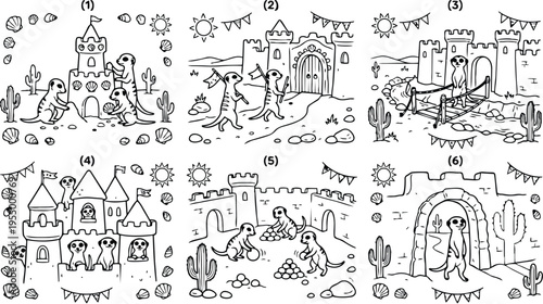 Colorbook style vector art showing meerkats building sandcastle playing near castle gates crossing rope bridge and guarding castle in desert landscape with sun and cacti detailed line art