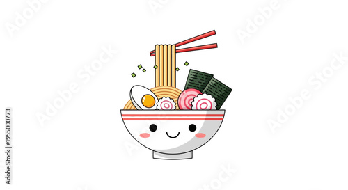 A cute cartoon illustration of a happy ramen bowl with noodles, egg, narutomaki, and chopsticks on a white background.