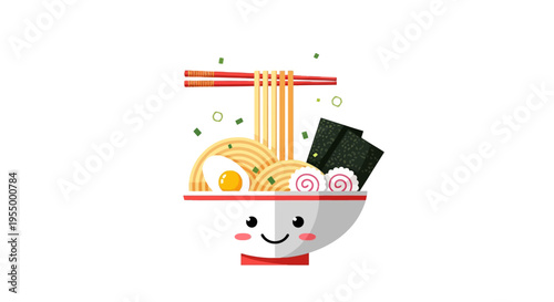 Cute cartoon illustration of a smiling ramen bowl with chopsticks, noodles, egg, narutomaki, and nori seaweed on a white background.