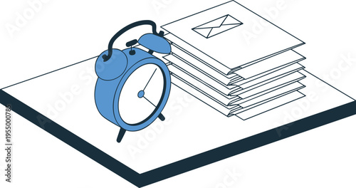 Email reminder concept with alarm clock and message stack isometric vector illustration notification workflow business productivity time management design