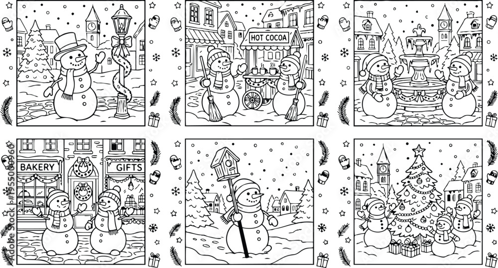 Obraz premium Colorbook style winter scene with cheerful snowman interacting near lamppost hot cocoa stand decorated christmas tree and snowy village backdrop festive holiday detailed line art