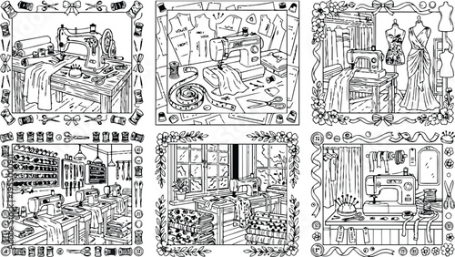 Colorbook style detailed sewing machine with fabric scissors thread and dress mannequin surrounded by decorative floral and tool elements in artistic vector line art