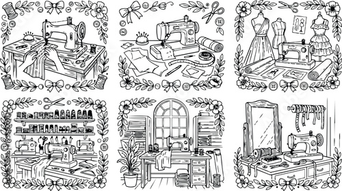 Colorbook style detailed sewing machine and fabric workspace with floral frame vintage dressmaker tools scissors threads embroidered textile