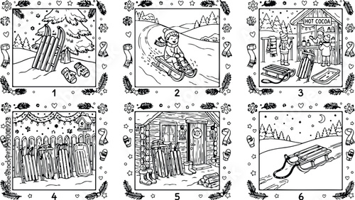 Colorbook style winter sledding scene six illustrations including sleds snow forest log cabin hot cocoa stand night landscape outlines