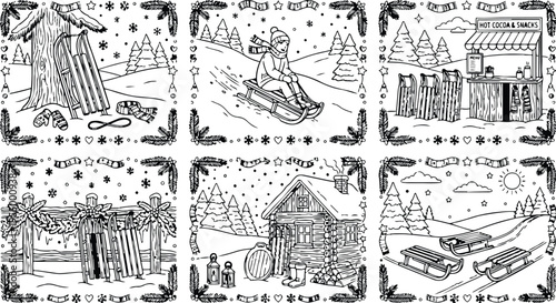 Winter colorbook style vector art set with sledding child hot cocoa stand wooden cabin snowy landscape and sleds lined up outdoors detailed line drawings