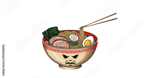 Cartoon illustration of a ramen bowl with a grumpy face, filled with noodles, pork, egg, narutomaki, and nori, being eaten with chopsticks.