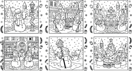 Colorbook style winter scene with cheerful snowman interacting near lamppost hot cocoa stand decorated christmas tree and snowy village backdrop festive holiday detailed line art