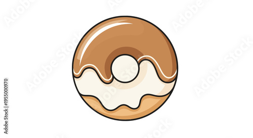 Cartoon illustration of a delicious glazed donut with brown and white icing on a white background.