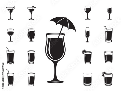 A collection of various cocktail glasses and drinks