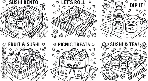 Colorbook style kawaii sushi bento set with smiling rolls chopsticks soy sauce picnic treats and tea in cute black line art design