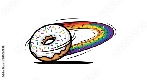 Cartoon donut with white icing and colorful sprinkles spinning with a vibrant rainbow trail.