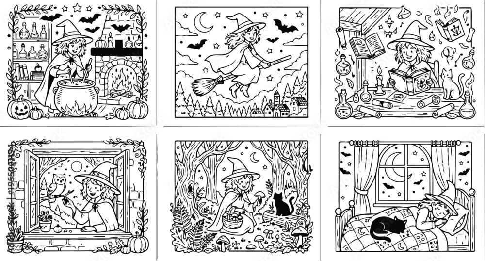 Fototapeta premium Colorbook style magical witch brewing potion flying broomstick reading spell book with cat nighttime forest collecting mushrooms sleeping with cat in cozy bed surrounded by halloween elements