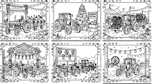 Colorbook style autumn harvest tractor festival scenes with pumpkin decorations hay bales and farm celebration banners in rural countryside setting vibrant vector art