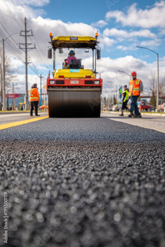 Construction workers in safety vests operate a road roller on a freshly paved asphalt road under a blue sky with clouds and power lines in the background