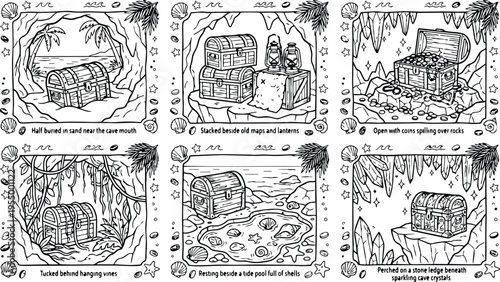 Colorbook style detailed treasure chests buried stacked open and perched in cave scenes with maps lanterns coins shells sparkling crystals and sand