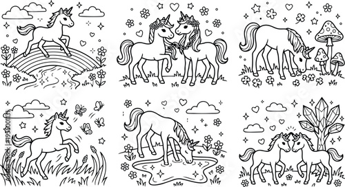 Colorbook style line art unicorn collection with magical scenes including rainbows flowers mushrooms and crystals in whimsical peaceful nature settings ideal for coloring pages
