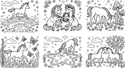 Colorbook style magical unicorns playing among flowers butterflies and mushrooms in enchanting fantasy landscapes with rainbow stars and crystal trees