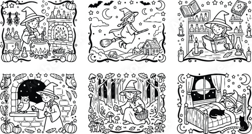 Colorbook style detailed vector art of little witch brewing potion flying broomstick reading spells picking mushrooms and sleeping with black cat night magic stars moon