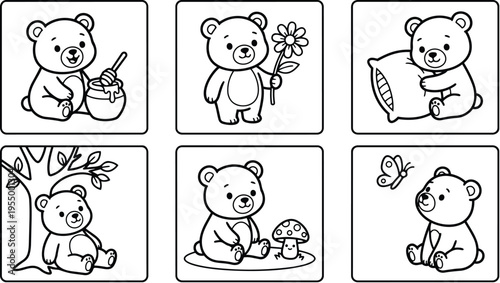 Cute teddy bear with honey pot flower pillow tree mushroom and butterfly line art vector
