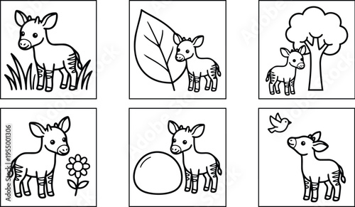 Black and white line art baby zebra with plants and bird set