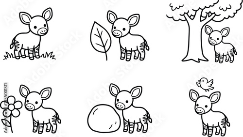 Black and white line art baby tapir with flower leaf tree bird and rock elements