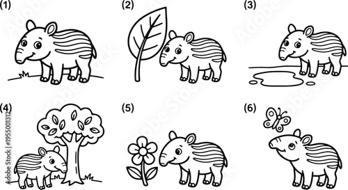 Cute cartoon tapir with tree flower and butterfly line art vector illustrations