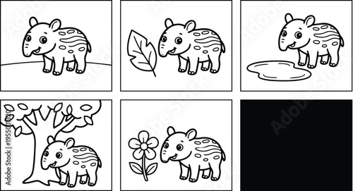 Black and white line art baby tapir with leaf flower and tree illustrations